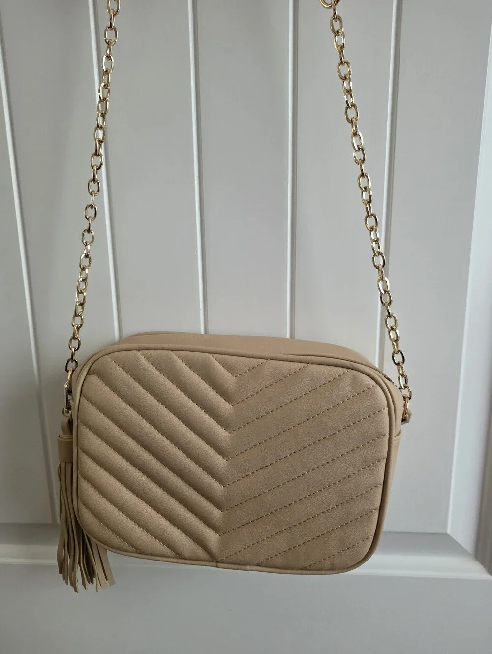 Beige Quilted Crossbody Bag with Gold Chain Strap